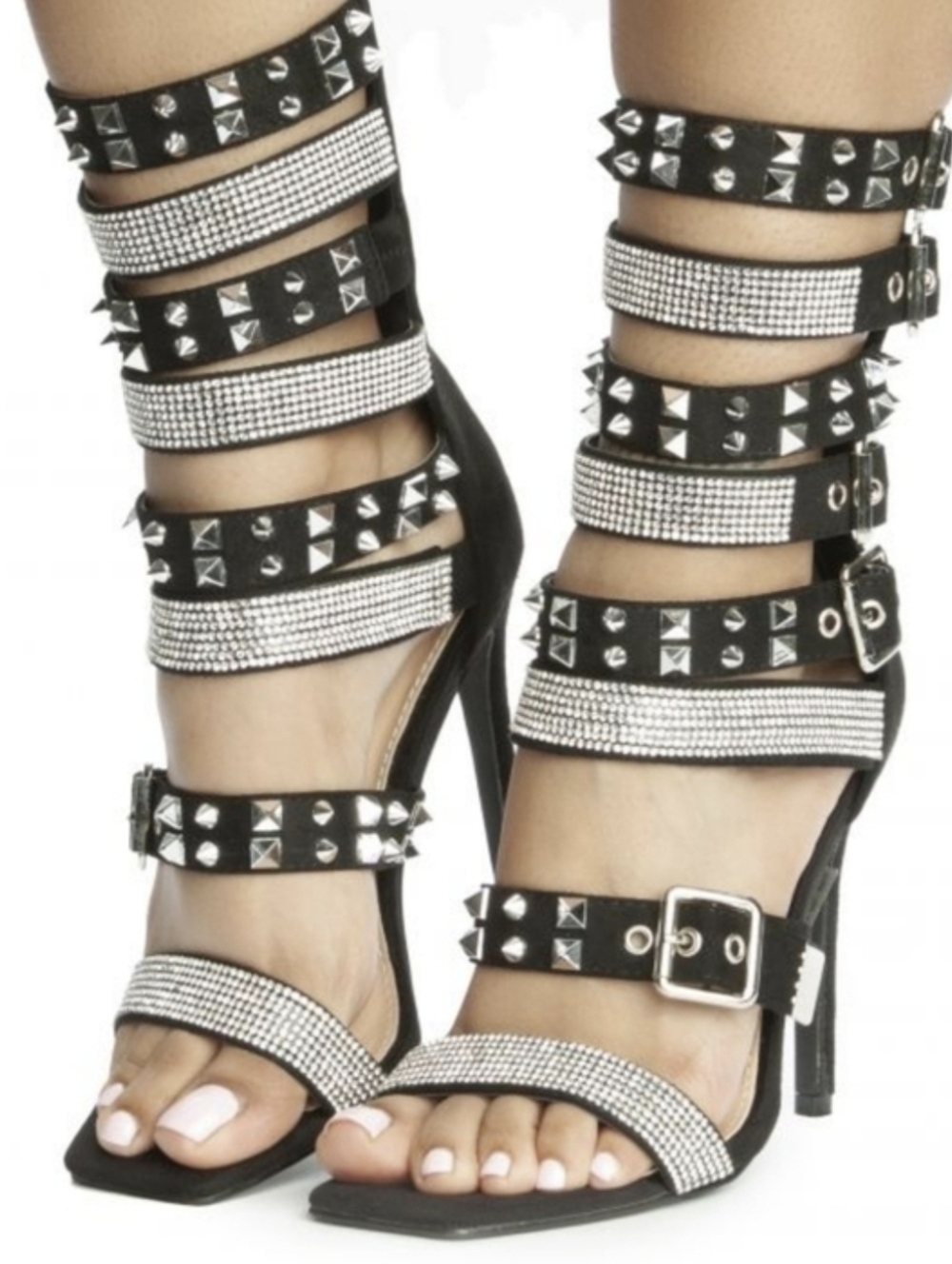 Azalea Wang Studded Rhinestone Strappy Gladiator High Heels - Black